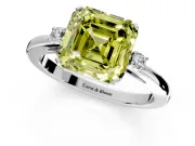 3 Stone Engagement Ring Setting for Fancy Yellow Asscher Cut Center with Low-Set Round Cut Accents and Prong Head in White Gold