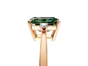 3 Stone Engagement Ring Setting for Fancy Green Emerald Cut Center with Low-Set Round Cut Accents and Prong Head in Rose Gold