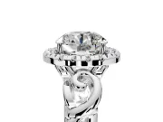 Halo Engagement Ring Setting for Round Cut Center with Open Scroll Shoulders and Prong Head in Platinum