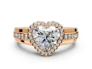 Halo Engagement Ring Setting for Heart-Shaped Center with Wide Band, Inlaid Accent Row and Prong Head in Rose Gold