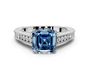 Solitaire Engagement Ring Setting for Fancy Blue Asscher Cut Center with Engraved Pave Band and Prong Head in Sterling Silver