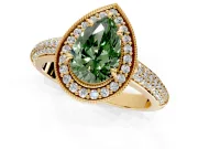 Milgrain Halo Engagement Ring Setting for Fancy Green Pear-Shaped Center with Three-Sided Pave Band and Prong Head in Yellow Gold