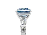 Bar-Set Engagement Ring Setting for Fancy Blue Princess Cut Center with Tapered Baguette Accents and Prong Head in Platinum