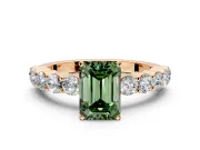 Shared-Prong Engagement Ring Setting for Fancy Green Emerald Cut Center with Graduated Accents and Prong Head in Rose Gold