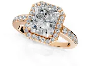 Halo Engagement Ring Setting for Radiant Cut Center with Heart-Shaped Openwork, Pave Band and Prong Head in Rose Gold