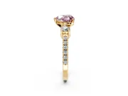 3 Stone Engagement Ring Setting for Fancy Pink Heart-Shaped Center with Round Cut Side Accents and Prong Head in Yellow Gold