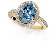 Halo Engagement Ring Setting for Fancy Blue Oval Center with Heart-Shaped Openwork, Pave Band and Prong Head in Yellow Gold