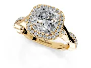 Halo Engagement Ring Setting for Cushion Cut Center with Twist Band and Prong Head in Yellow Gold