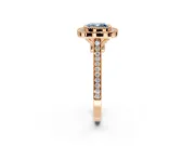 Halo Engagement Ring Setting for Fancy Blue Cushion Cut Center with Milgrain Frame, Pave Band and Prong Head in Rose Gold