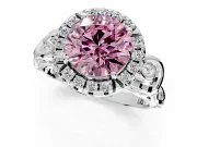 Halo Engagement Ring Setting for Fancy Pink Round Cut Center with Open Scroll Shoulders and Prong Head in Sterling Silver