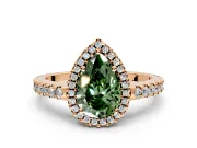Accent Halo Engagement Ring Setting for Fancy Green Pear-Shaped Center with Full-Length Pave Band and Prong Head in Rose Gold