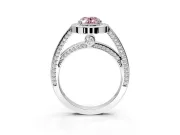 Halo Engagement Ring Setting for Fancy Pink Oval Center with Framed Halo, Pave Band and Prong Head in White Gold