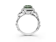 Halo Engagement Ring Setting for Fancy Green Princess Cut Center with Open Scroll Shoulders and Prong Head in Sterling Silver