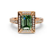 Halo Engagement Ring Setting for Fancy Green Emerald Cut Center with Framed Halo, Pave Band and Prong Head in Rose Gold