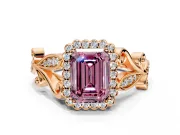 Halo Engagement Ring Setting for Fancy Pink Emerald Cut Center with Leaf Motif Split Shank and Prong Head in Rose Gold