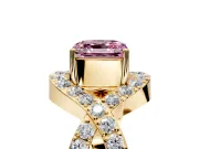 Halo Engagement Ring Setting for Fancy Pink Asscher Cut Center with Pave Infinity Twist Band and Prong Head in Yellow Gold