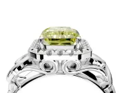 Halo Engagement Ring Setting for Fancy Yellow Radiant Cut Center with Open Scroll Shoulders and Prong Head in Platinum