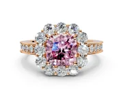 Halo Engagement Ring Setting for Fancy Pink Cushion Cut Center with Milgrain Channel Band and Prong Head in Rose Gold