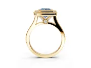 Halo Engagement Ring Setting for Fancy Blue Princess Cut Center with Milgrain Frame, Pave Band and Prong Head in Yellow Gold
