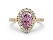 Pave Halo Engagement Ring Setting for Fancy Pink Pear-Shaped Center with Single Row Pave Band and Prong Head in Yellow Gold
