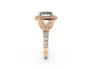 Double Halo Engagement Ring Setting for Fancy Green Radiant Cut Center with Narrow Pave Split Shank and Prong Head in Rose Gold