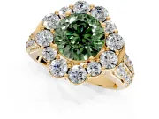 Large Accent Halo Engagement Ring Setting for Fancy Green Round Cut Center with Pave Split Shank and Prong Head in Yellow Gold