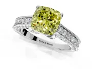 Solitaire Engagement Ring Setting for Fancy Yellow Cushion Cut Center with Milgrain-Framed Pave Band and Prong Head in Platinum