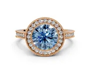 Halo Engagement Ring Setting for Fancy Blue Round Cut Center with Milgrain Halo, Pave Band and Prong Head in Rose Gold