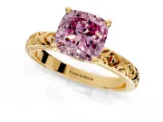 Solitaire Engagement Ring Setting for Fancy Pink Cushion Cut Center with XO Engraved Band and Prong Head in Yellow Gold
