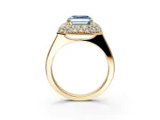 Halo Engagement Ring Setting for Fancy Blue Asscher Cut Center with Plain Tapered Band and Prong Head in Yellow Gold