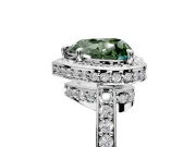 Halo Engagement Ring Setting for Fancy Green Heart-Shaped Center with Metal-Rimmed Halo, Pave Band and Prong Head in Platinum