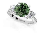 3 Stone Engagement Ring Setting for Fancy Green Round Cut Center with Crossover Basket, Pave Band and Prong Head in Platinum