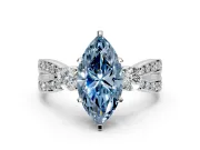 3 Stone Engagement Ring Setting for Fancy Blue Marquise Center with Pave Twist Band and Prong Head in White Gold