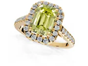 Halo Engagement Ring Setting for Fancy Yellow Emerald Cut Center with Raised Halo, Pave Band and Prong Head in Yellow Gold