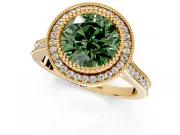 Halo Engagement Ring Setting for Fancy Green Round Cut Center with Milgrain Frame, Pave Band and Prong Head in Yellow Gold