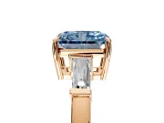 3 Stone Engagement Ring Setting for Fancy Blue Radiant Cut Center with Baguette Accents and Prong Head in Rose Gold
