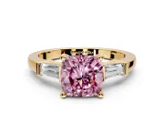 3 Stone Engagement Ring Setting for Fancy Pink Cushion Cut Center with Channel Baguette Accents and Prong Head in Yellow Gold