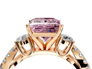 3 Stone Engagement Ring Setting for Fancy Pink Princess Cut Center with Pave Split Shank and Prong Head in Rose Gold