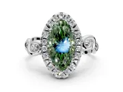 Halo Engagement Ring Setting for Fancy Green Marquise Center with Open Scroll Shoulders and Prong Head in Platinum
