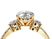 3 Stone Engagement Ring Setting for Oval Center with Round Cut Side Accents and Prong Head in Yellow Gold