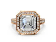Halo Engagement Ring Setting for Asscher Cut Center with Outer Bezel Rim, Pave Band and Prong Head in Rose Gold
