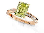 Side Accent Engagement Ring Setting for Fancy Yellow Emerald Cut Center with Accent Shoulders and Prong Head in Rose Gold