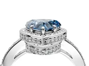 Halo Engagement Ring Setting for Fancy Blue Heart-Shaped Center with Metal-Rimmed Halo, Pave Band and Prong Head in Platinum