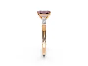3 Stone Engagement Ring Setting for Fancy Pink Emerald Cut Center with Tapered Baguettes, Plain Band and Prong Head in Rose Gold
