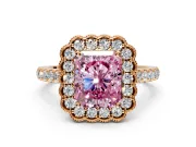 Milgrain Floral Halo Engagement Ring Setting for Fancy Pink Radiant Cut Center with Pave Band and Prong Head in Rose Gold