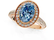 Milgrain Halo Engagement Ring Setting for Fancy Blue Oval Center with Three-Sided Pave Band and Prong Head in Rose Gold