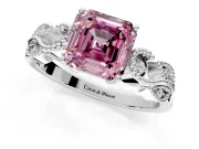 Leaf Engagement Ring Setting for Fancy Pink Asscher Cut Center with Milgrain Accent Band and Prong Head in Platinum