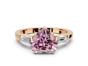 3 Stone Engagement Ring Setting for Fancy Pink Heart-Shaped Center with Baguette Accents and Prong Head in Rose Gold