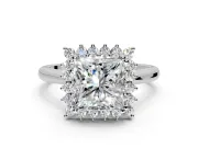 Starburst Halo Engagement Ring Setting for Princess Cut Center with Thin Round-Wire Band and Prong Head in Sterling Silver