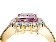 Halo Engagement Ring Setting for Fancy Pink Princess Cut Center with Milgrain Channel Band and Prong Head in Yellow Gold